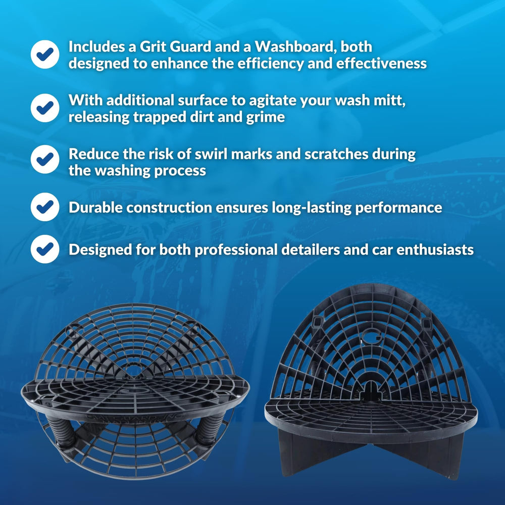 Grit Guard provides versatile tool support for mitts, brushes, and sponges during cleaning.