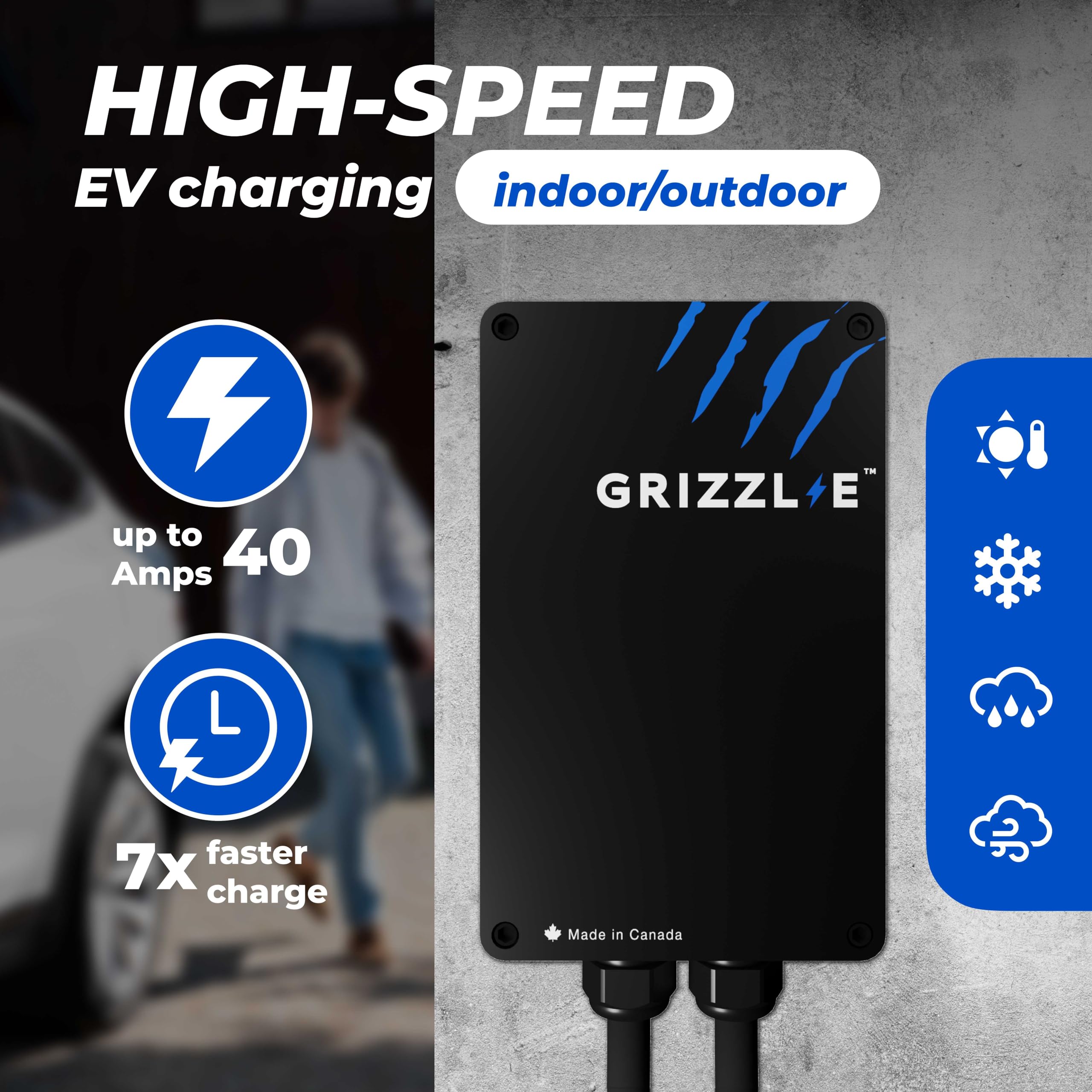 Grizzl-E Classic side view highlights the durable weatherproof cable and enclosure.