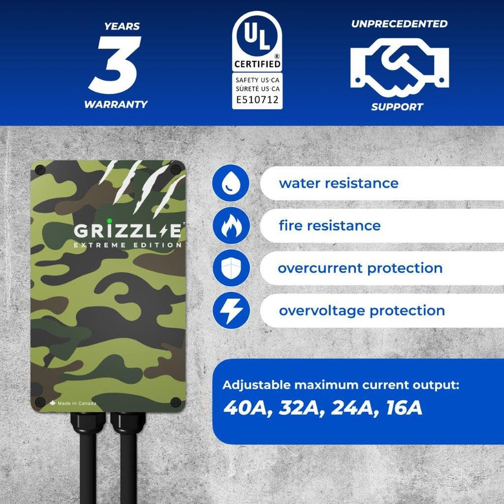 Grizzl-E Classic NEMA 14-50 plug close-up for versatile charging.