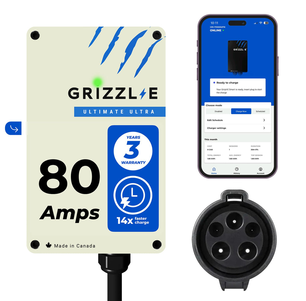Grizzl-E Ultimate 80A charger exterior shows rugged metal enclosure for outdoor use.
