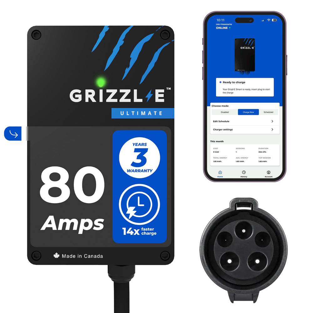 Grizzl-E Ultimate EV charger front view highlighting convenient plug-in and fast charging.