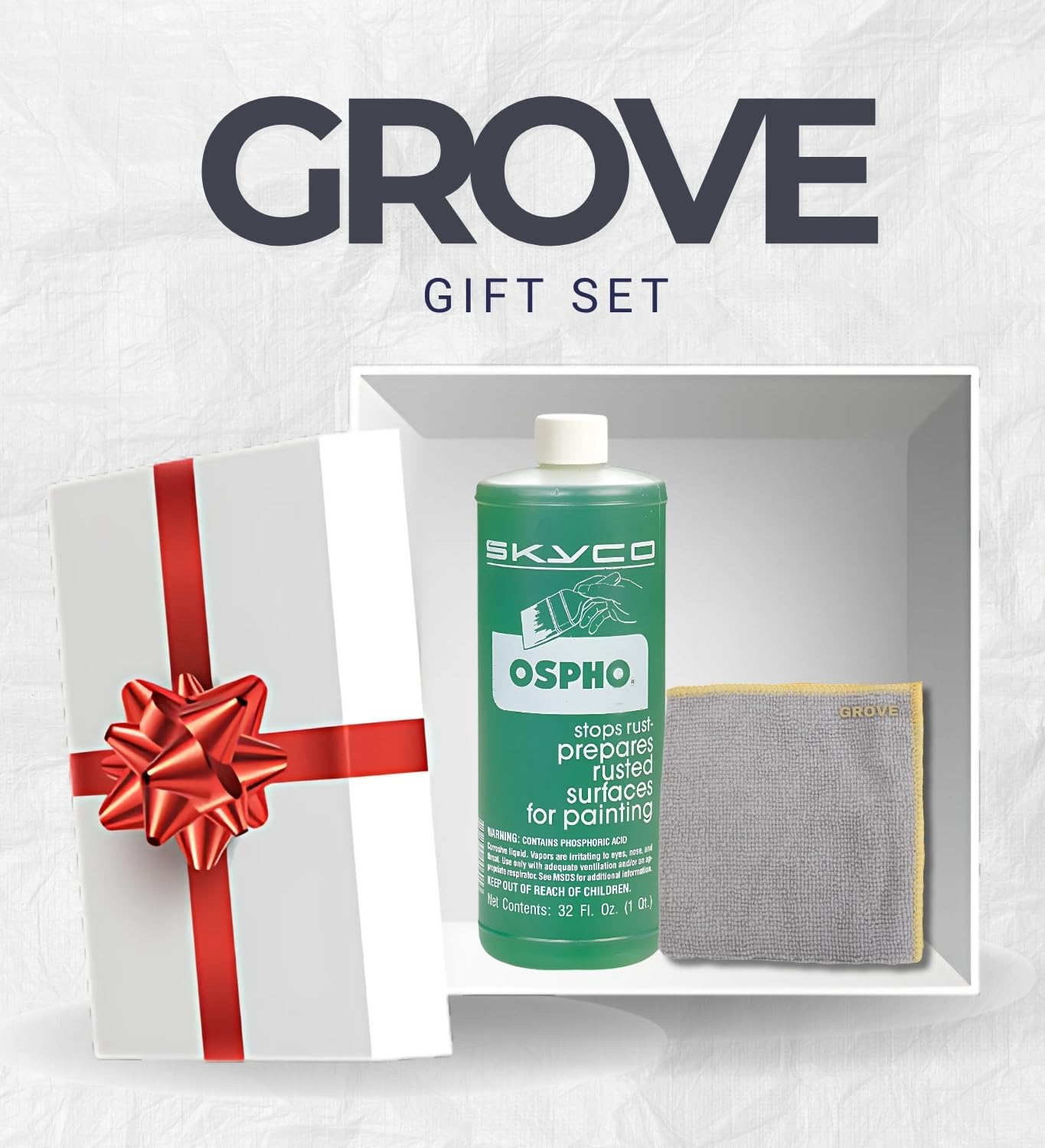 GROVE Ospho rust treatment and cloth ready for automotive and industrial projects.
