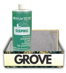 GROVE Ospho rust treatment bottle converts rust to iron phosphate for paint-ready surfaces.