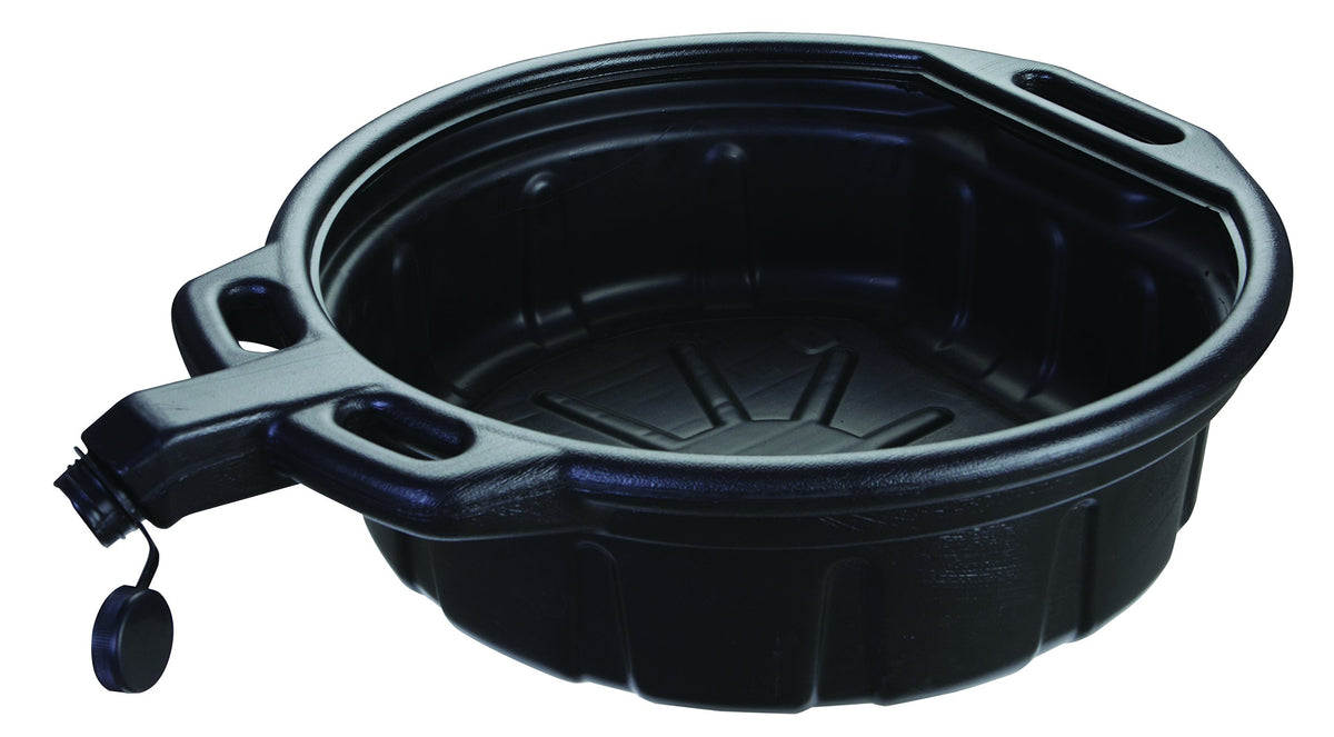 Groz 41960 oil drain pan with spout cap demonstrates spill-proof design for clean pours.