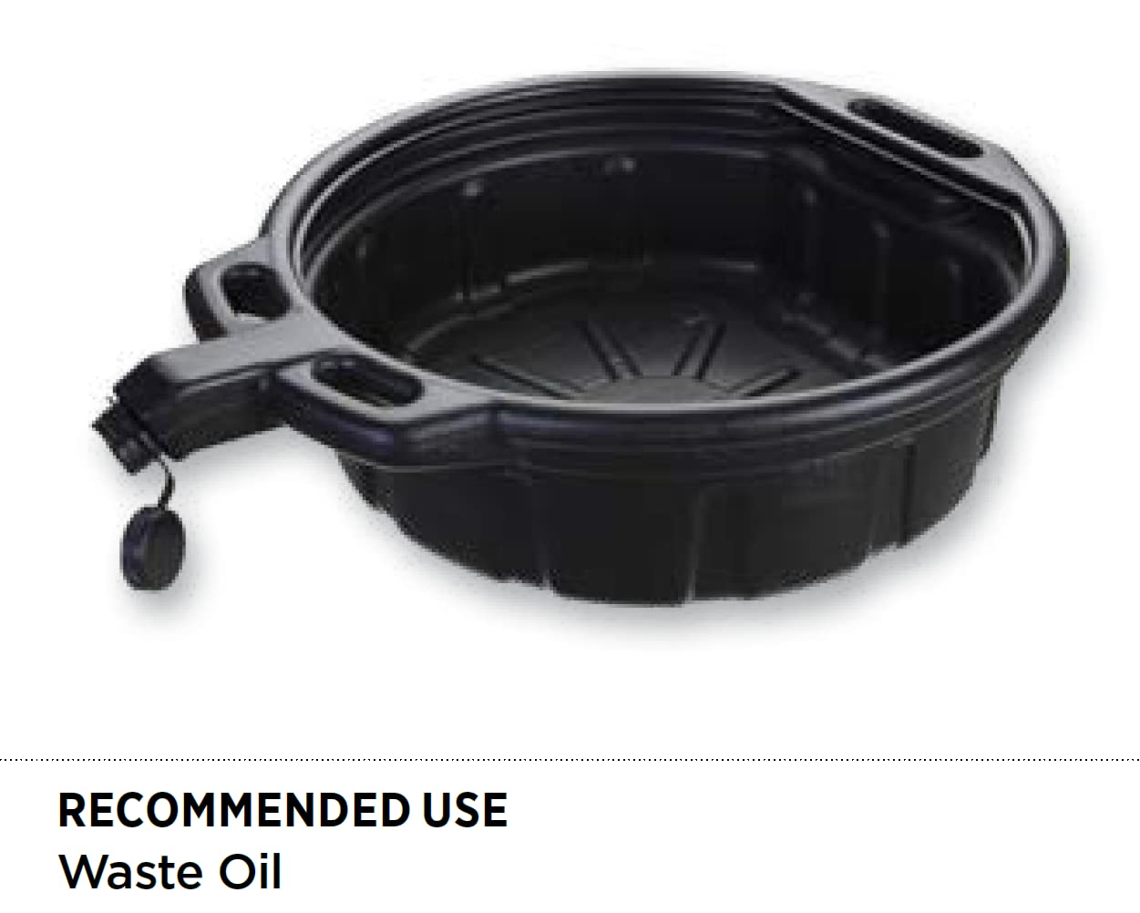 Groz 41960 oil drain pan showing wide lip for spill-free collection during disposal.