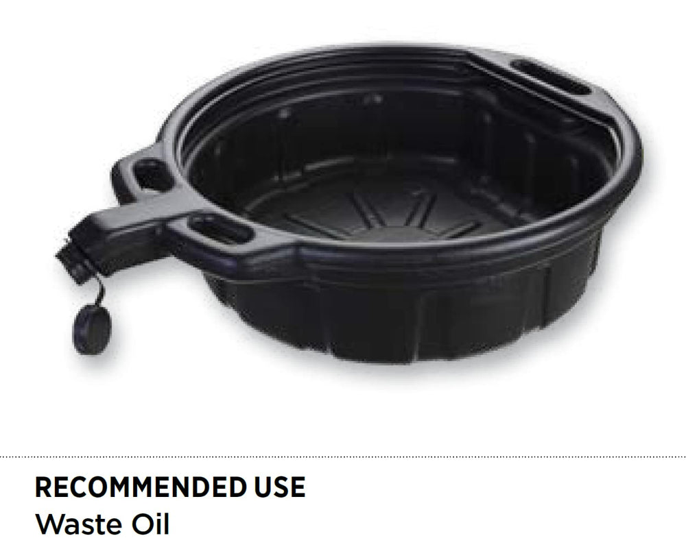 Groz 41960 oil drain pan showing wide lip for spill-free collection during disposal.