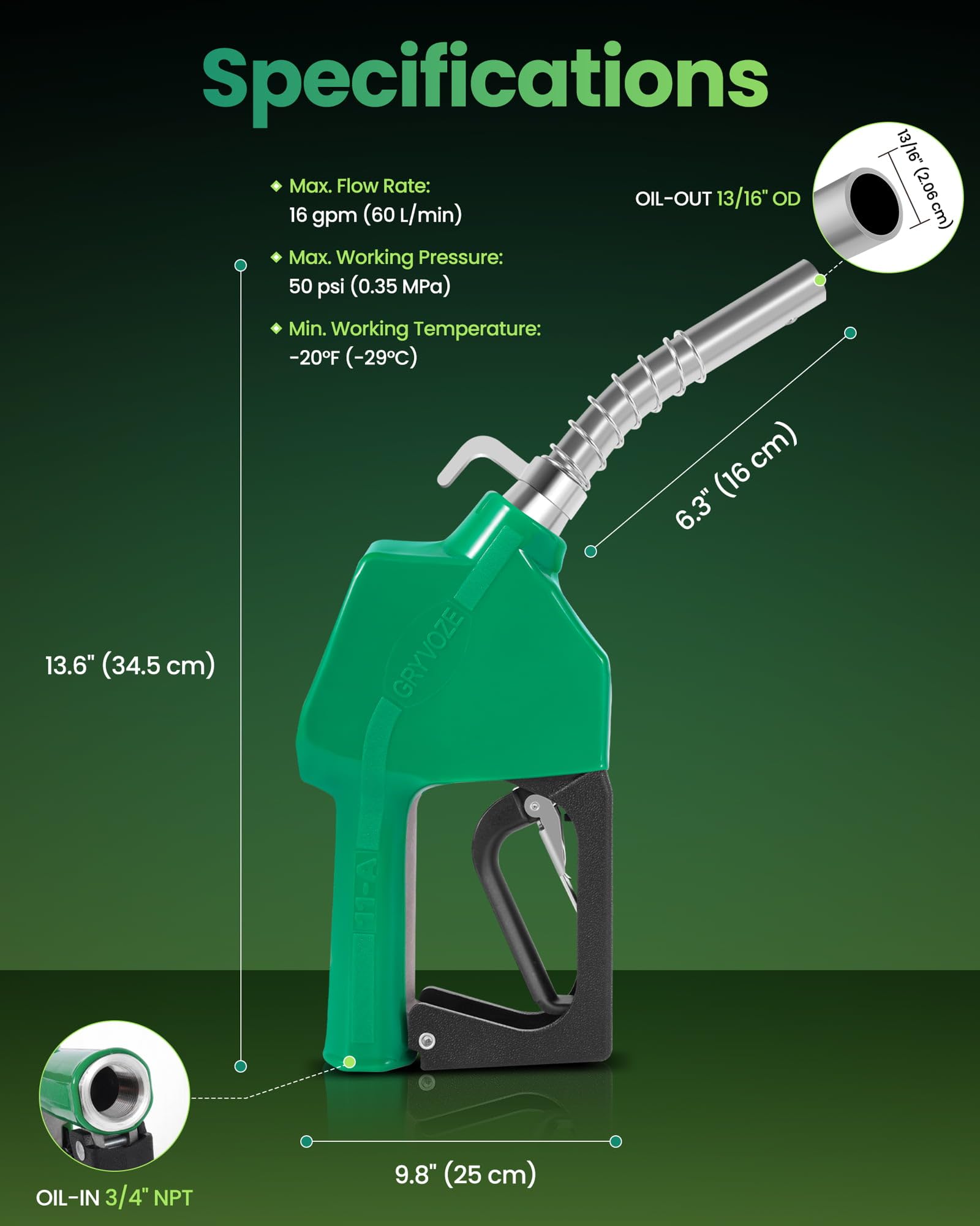 GRYVOZE 16 GPM flow nozzle enables faster, steady transfers during fueling.