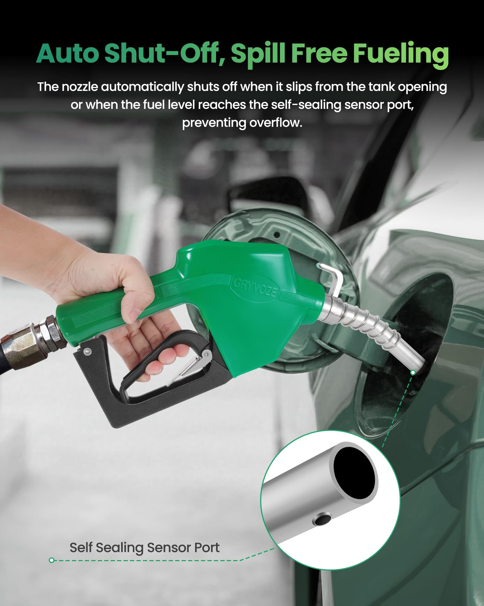 GRYVOZE 3-4 NPT automatic fuel nozzle handle provides ergonomic grip for comfort.