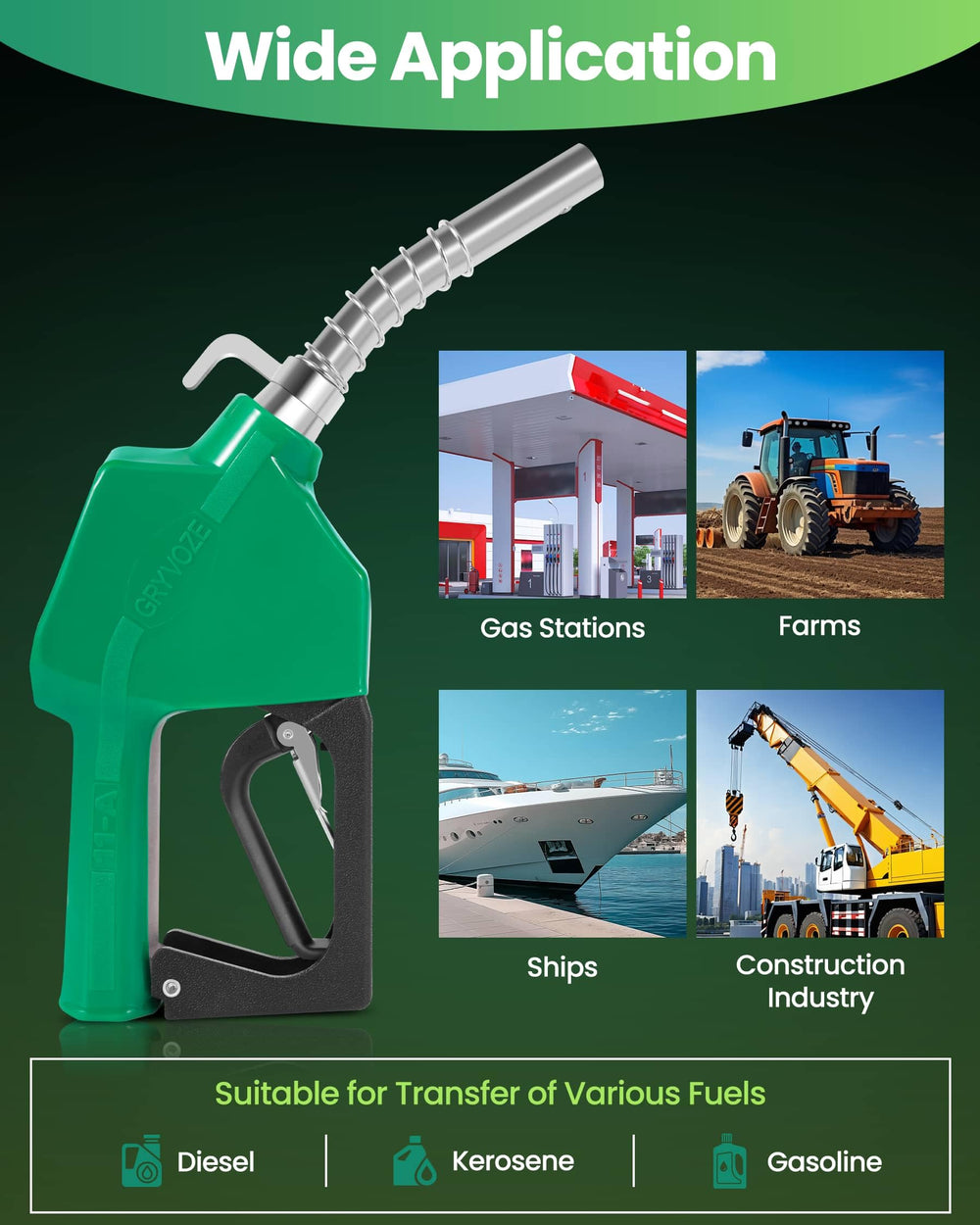 GRYVOZE nozzle compatible with diesel, gasoline, kerosene, biodiesel up to B20, and water.