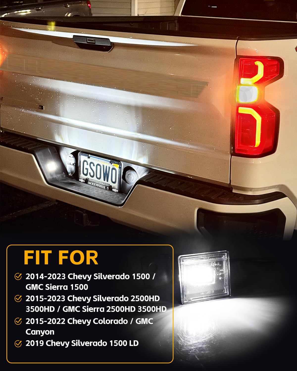 GSOWO compatibility chart shows broad fit for Silverado, Sierra, Colorado, Canyon.