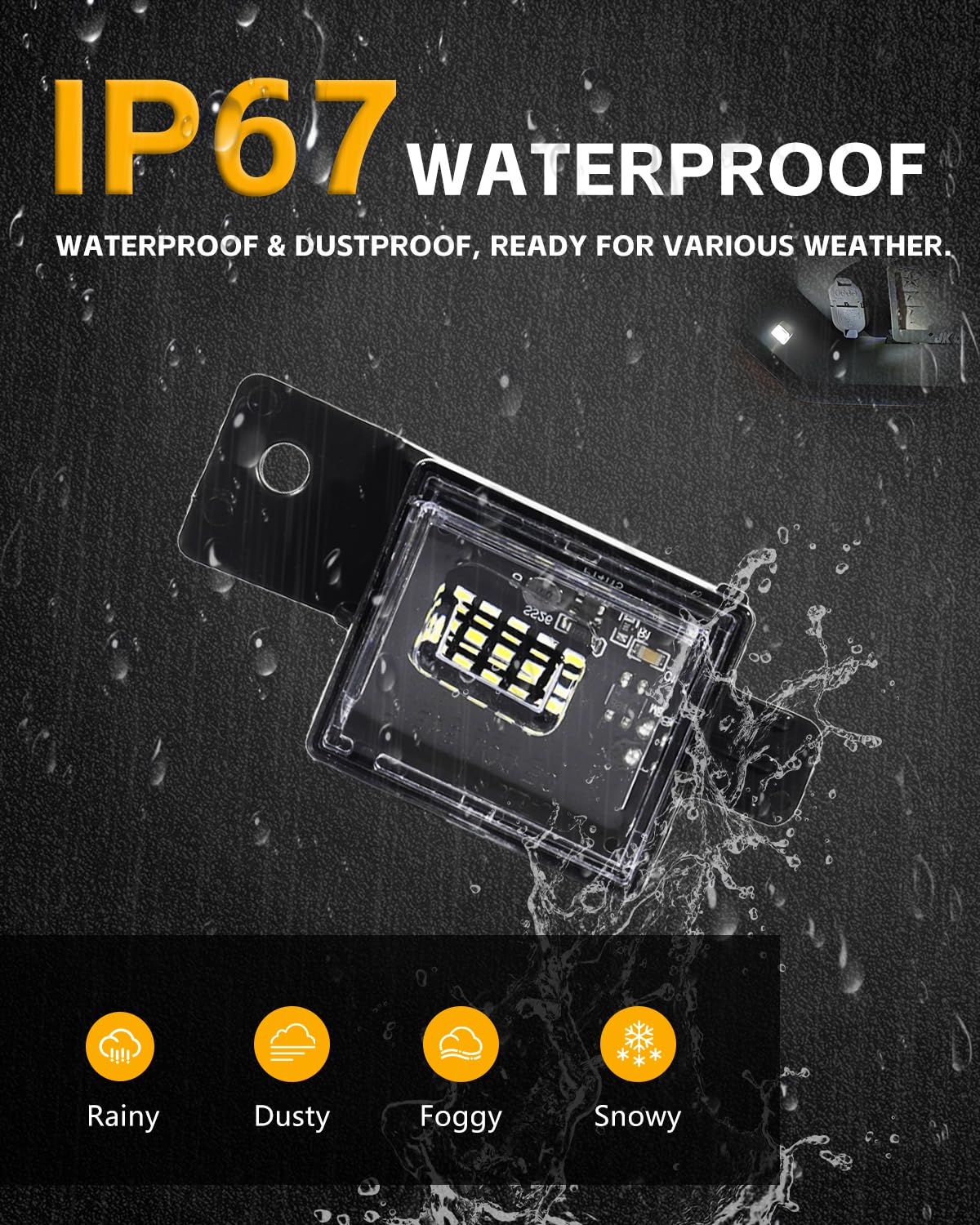 GSOWO IP67 sealed license plate light resists rain and car wash exposure.