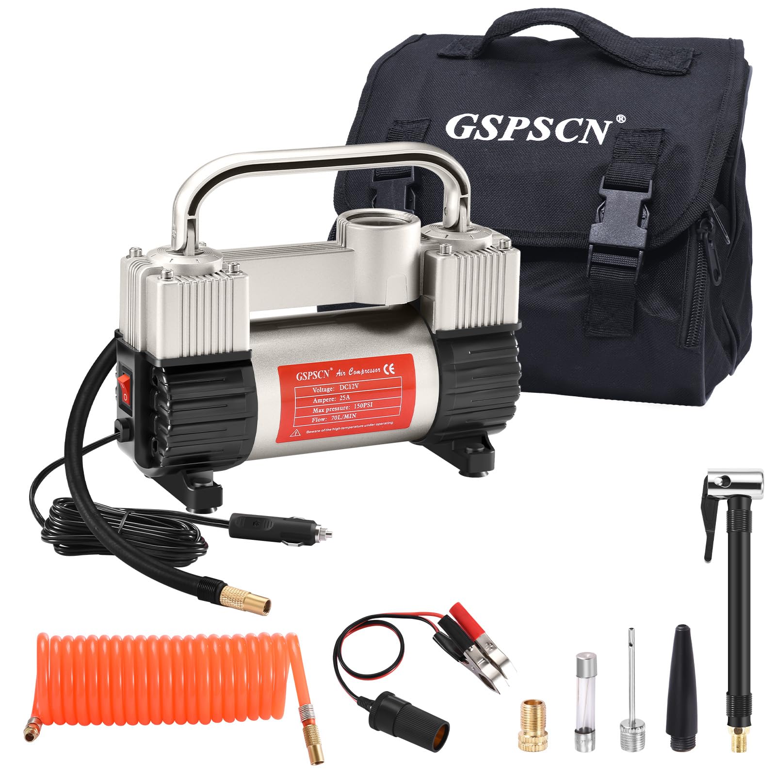 GSPSCN front view metal compressor showing compact durable design and quick inflation