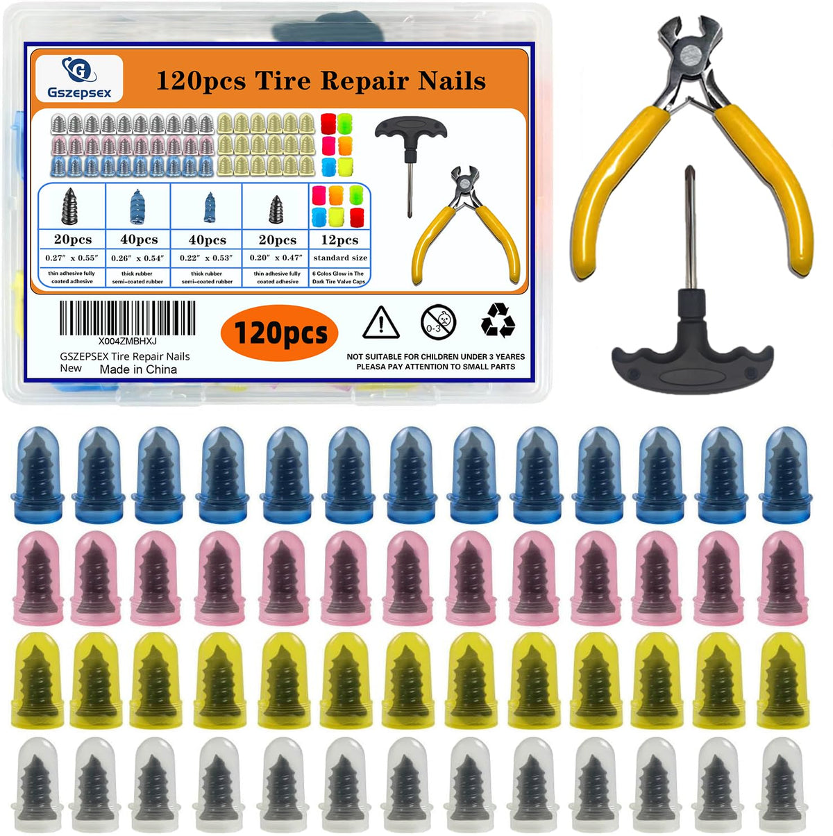 GSZEPSEX tire plug kit box showing all-in-one tubeless repair solution for quick roadside use.