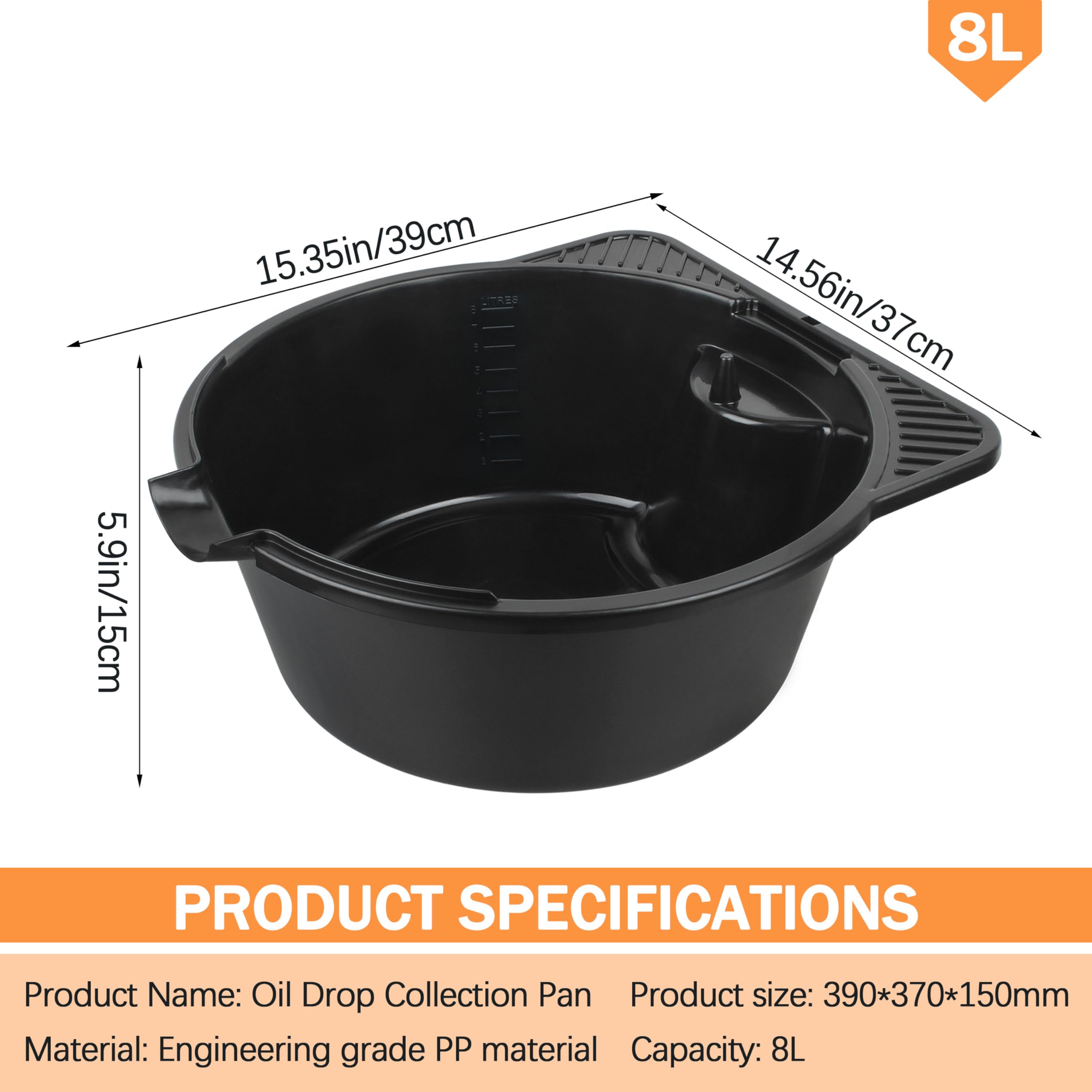 Gteana oil drain pan featuring anti-spill lip to minimize splashes.