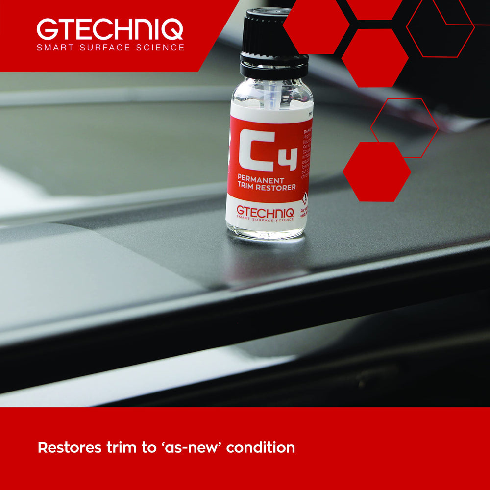 Gtechniq C4 application swab applying gradual rejuvenation to plastic trim.