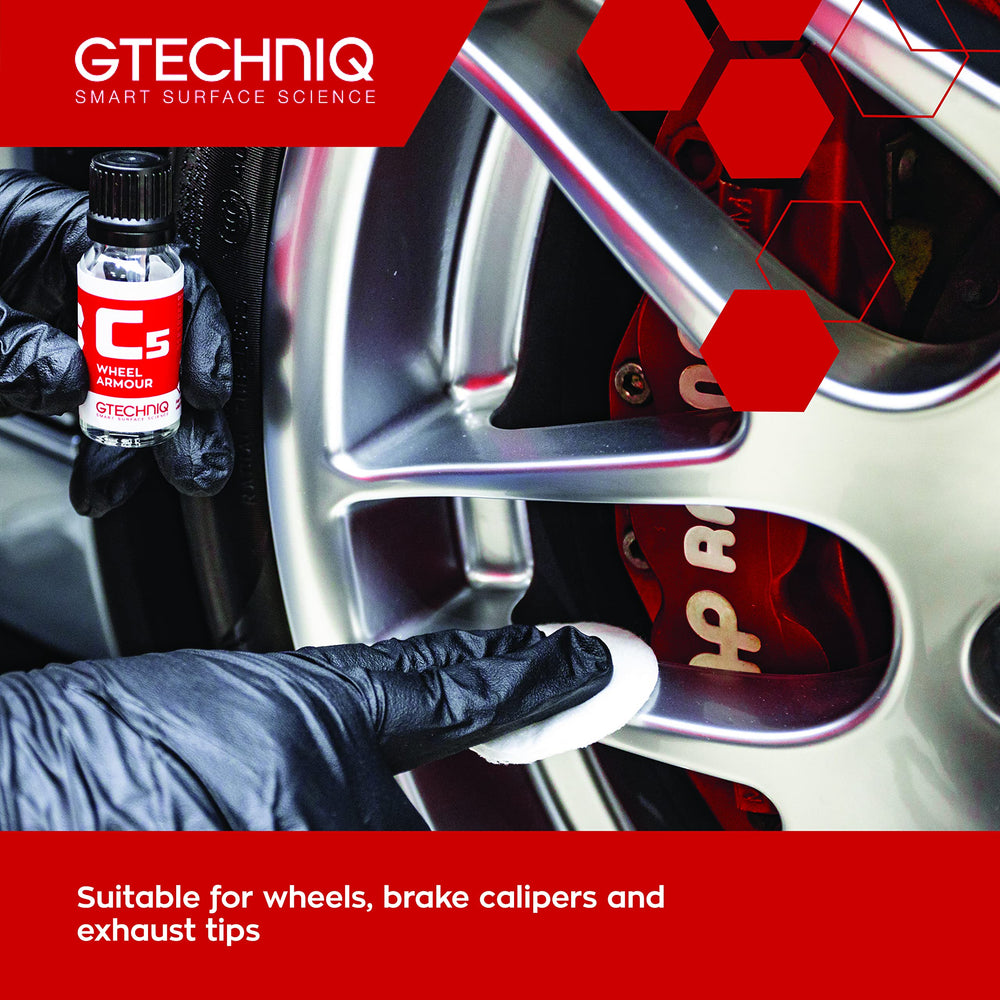 Gtechniq C5 Wheel Armor spray action demonstrating dirt repulsion during cleaning.