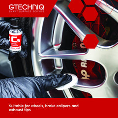 Gtechniq C5 Wheel Armour image demonstrates brake dust repelled for cleaner wheels