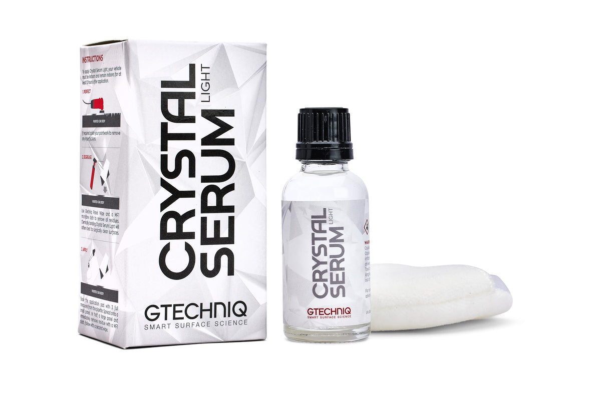 Gtechniq Crystal Serum Light bottle close-up showing paint protection