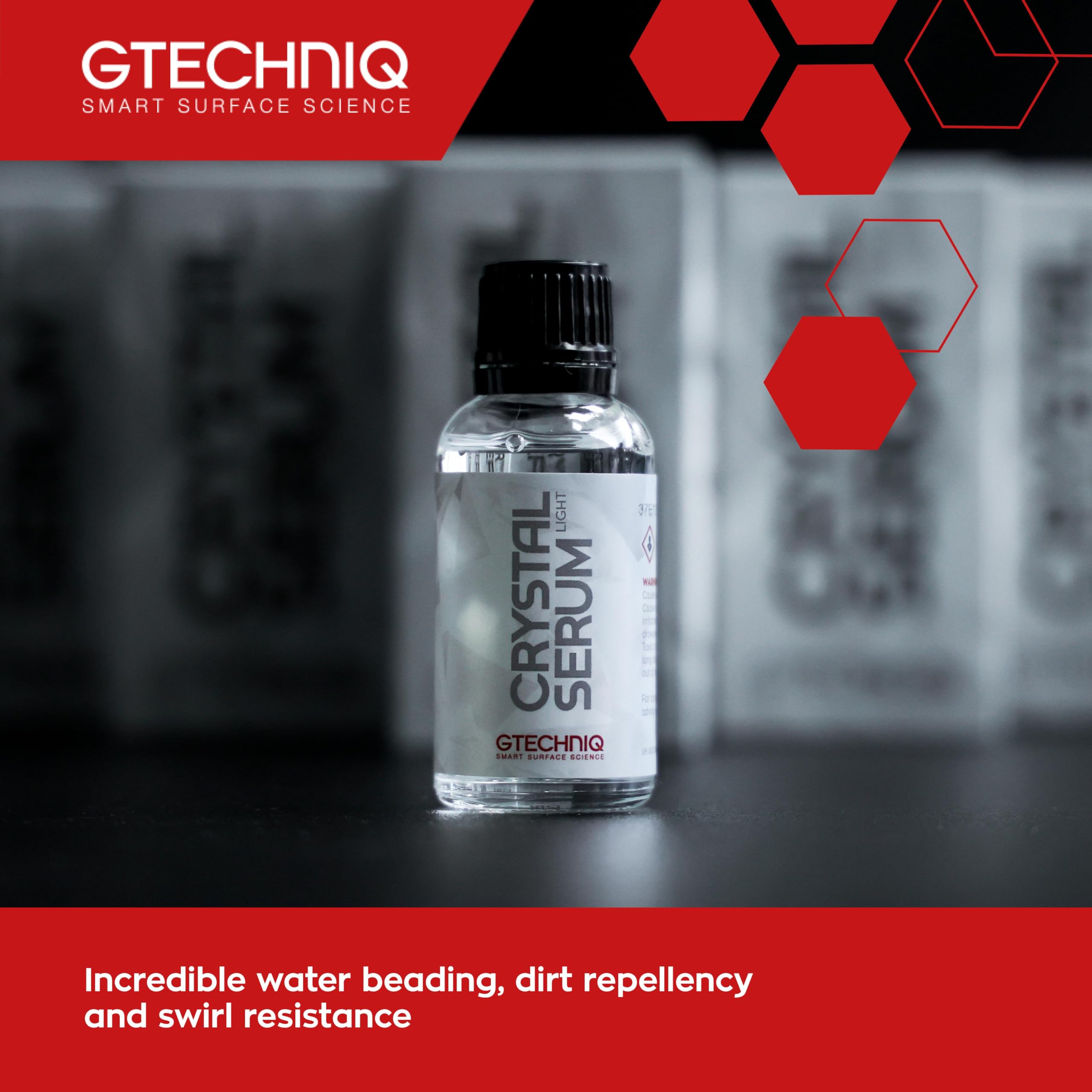 Gtechniq Crystal Serum Light bottle demonstrating hydrophobic water beading on paint