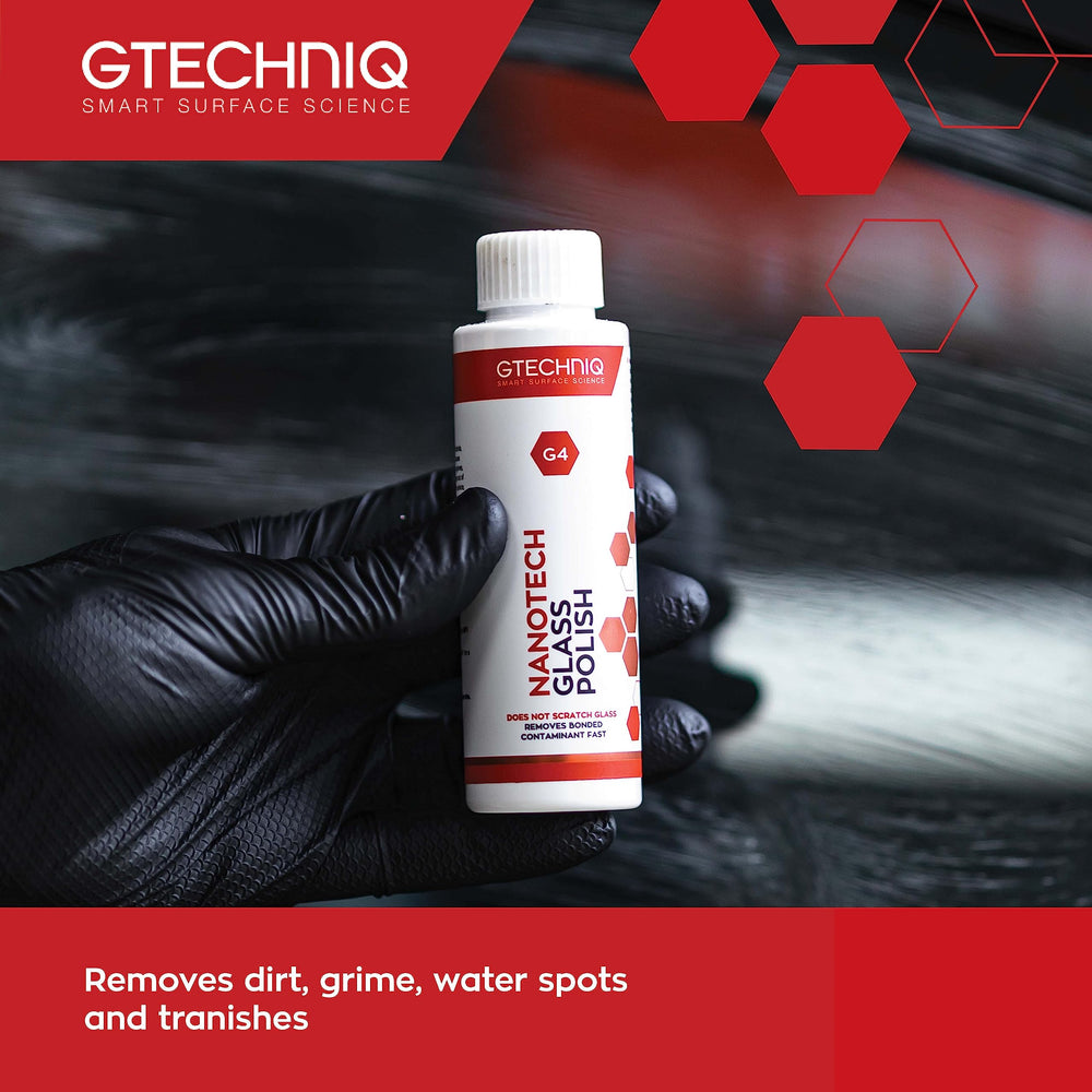 Gtechniq G4 Nanotech Windshield Polish in use showing dirt removal efficiency