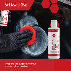 Gtechniq G4 Nanotech Windshield Polish label shows water spot removal capability