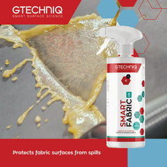 Gtechniq I1 Smart Fabric Protection spray-on coverage repels spills on car upholstery fabrics.
