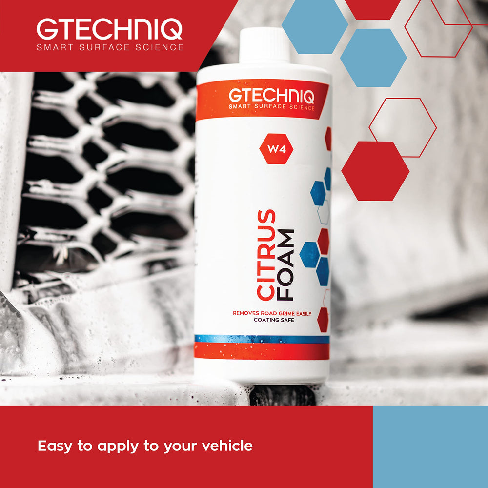 Gtechniq W4 Citrus Foam Shampoo in car wash scene supports grime removal and shine.