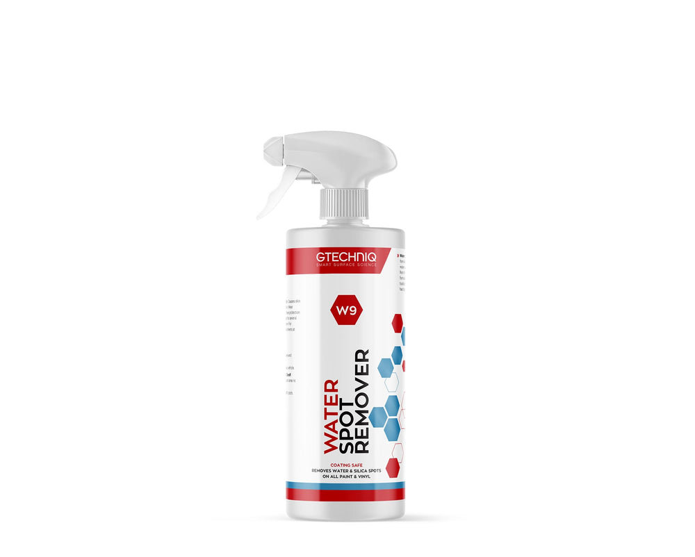 Gtechniq W9 water spot remover bottle ready for automotive use to tackle spots.