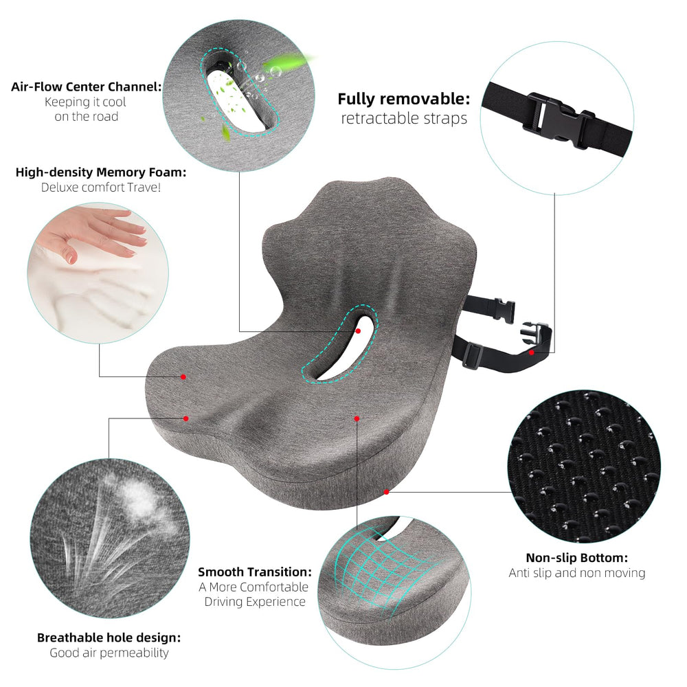 GtuiBugt car-seat cushion fits vehicles and reduces seating fatigue.