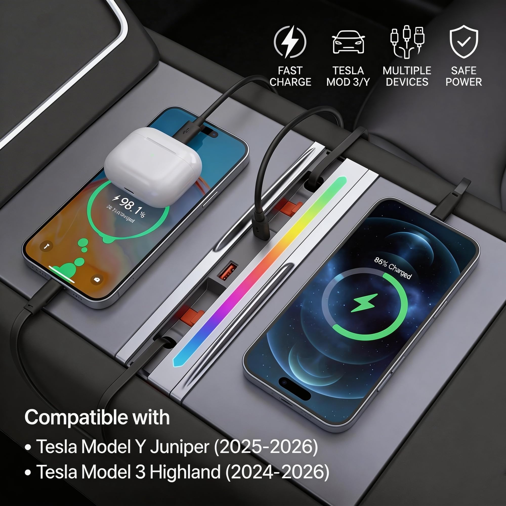 Guaiblue retractable cables extend to reach devices without clutter in the Tesla.