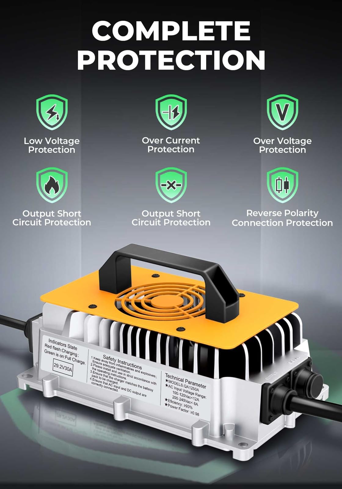 Guanlan 29.2V charger side view with accessible ports and protections.