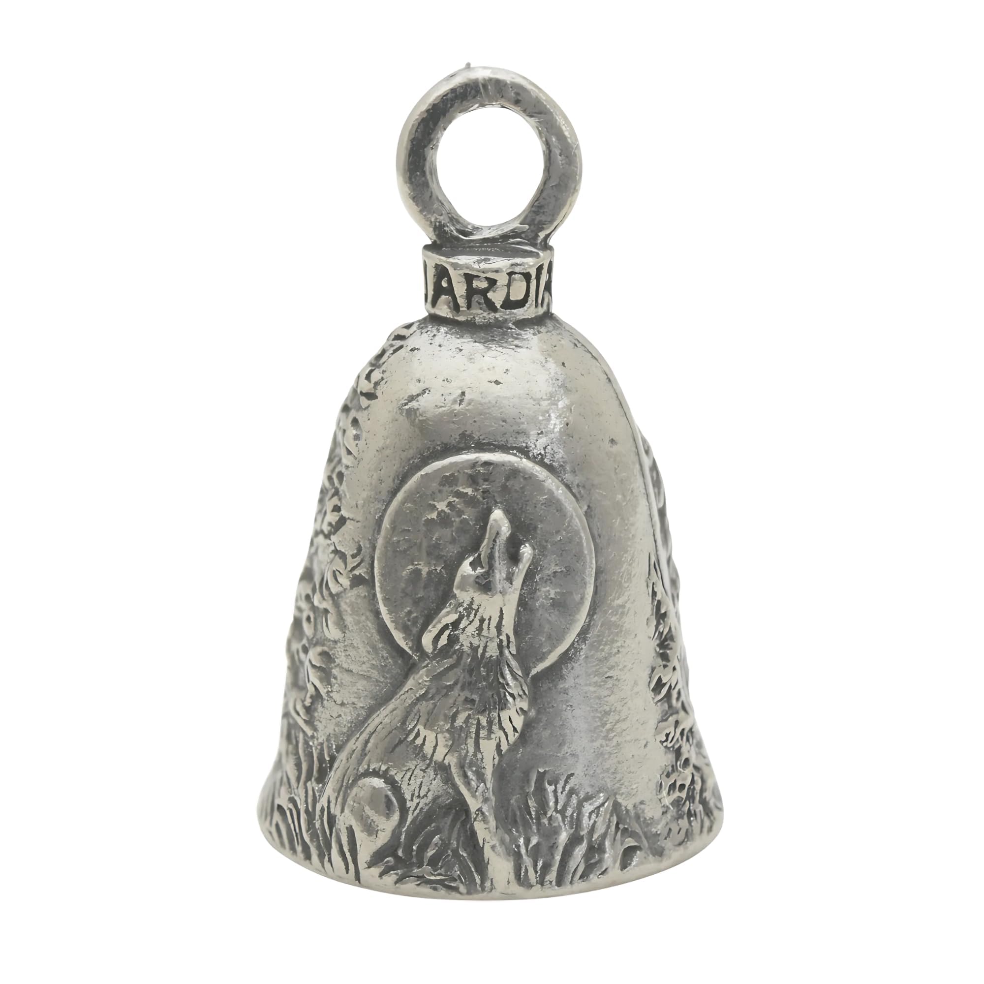 Guardian Bell Howling Wolf bell with pewter finish highlighting craftsmanship for riders.
