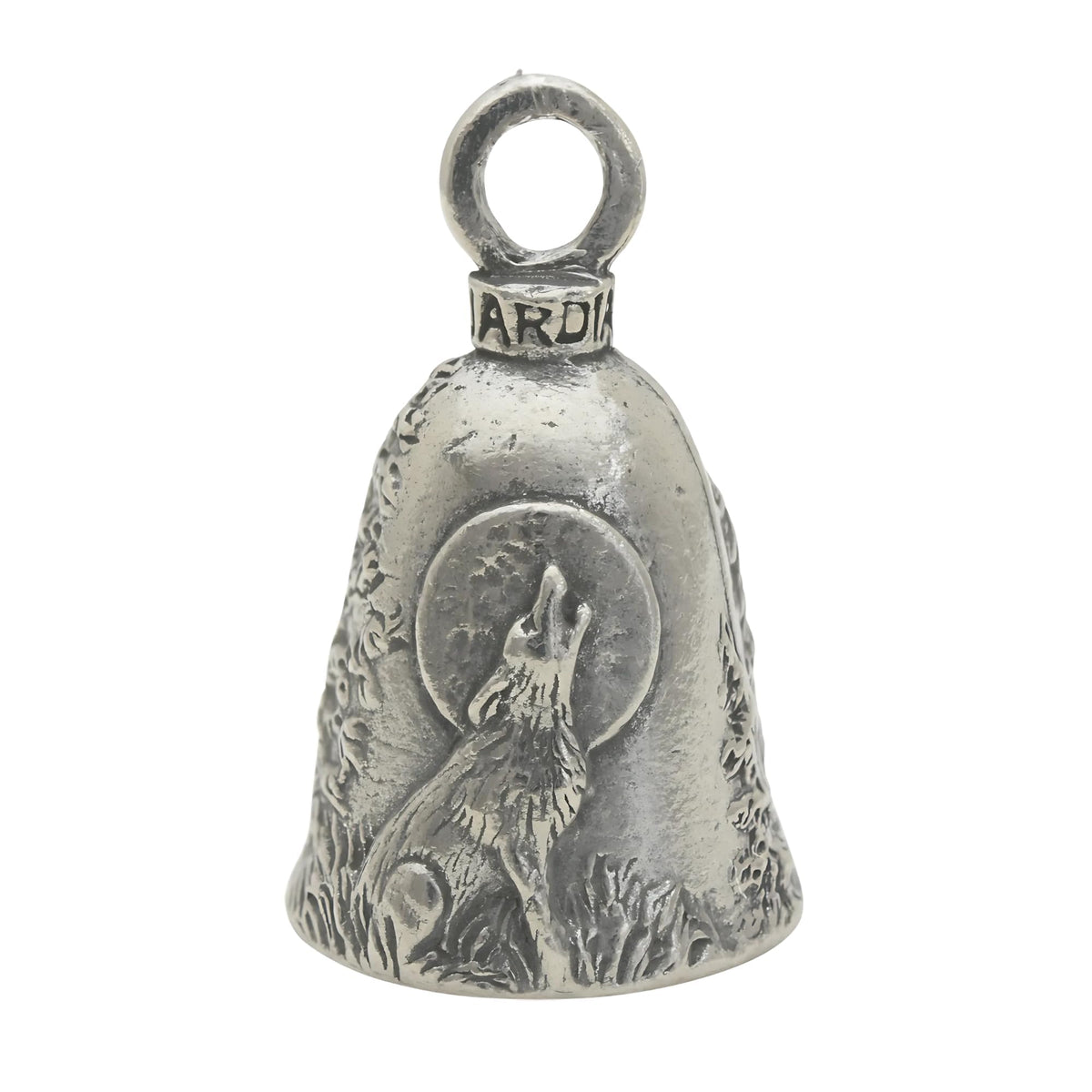 Guardian Bell Howling Wolf bell with pewter finish highlighting craftsmanship for riders.
