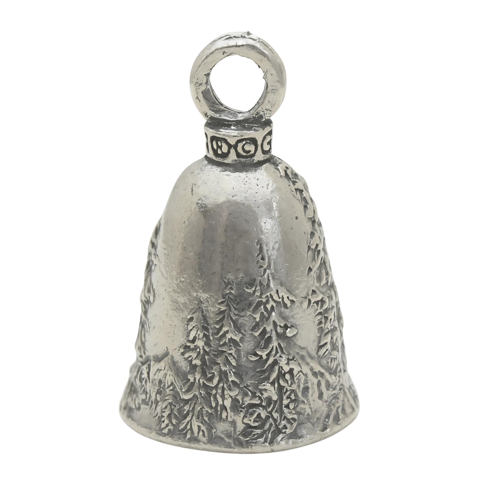 Guardian Bell Howling Wolf pewter detail emphasizes intricate design and durability.