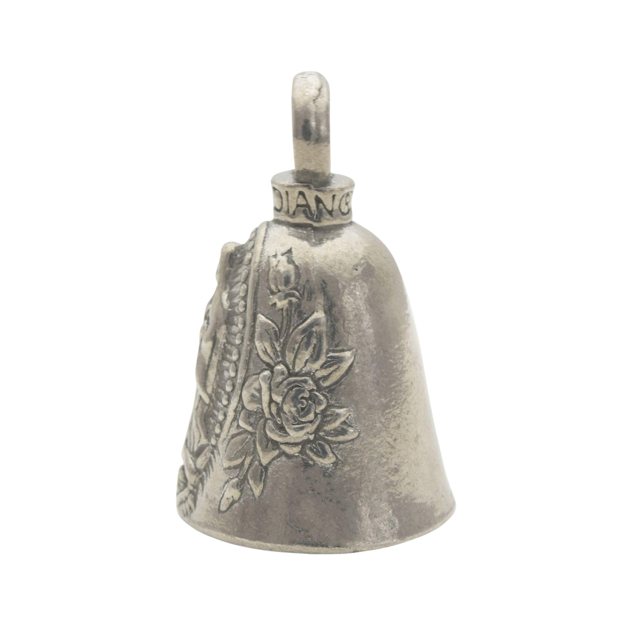 Guardian Bell Virgin Mary on motorcycle shows durable pewter for riding