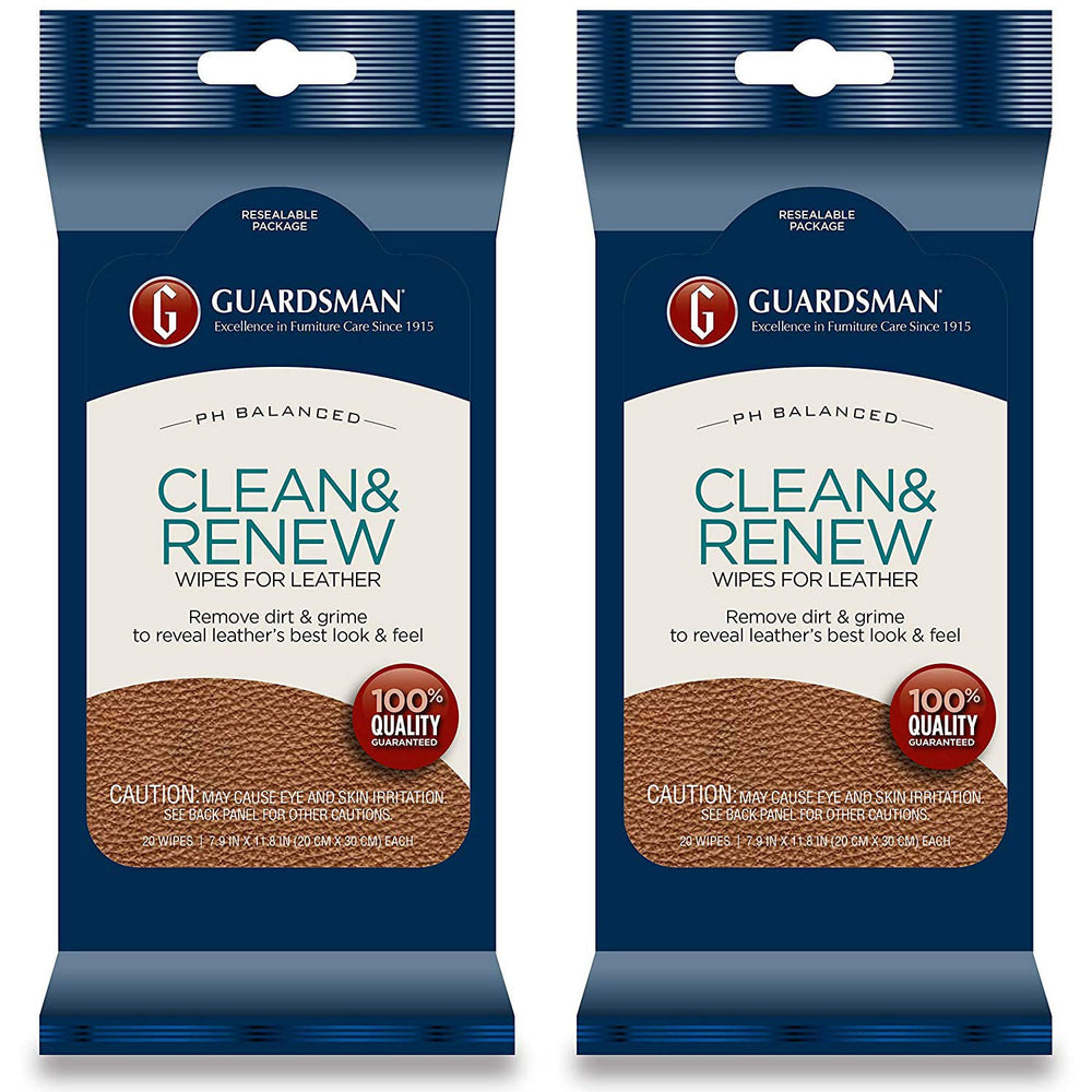 Guardsman Clean and Renew Leather Wipes on a shelf tray restore leather shine.