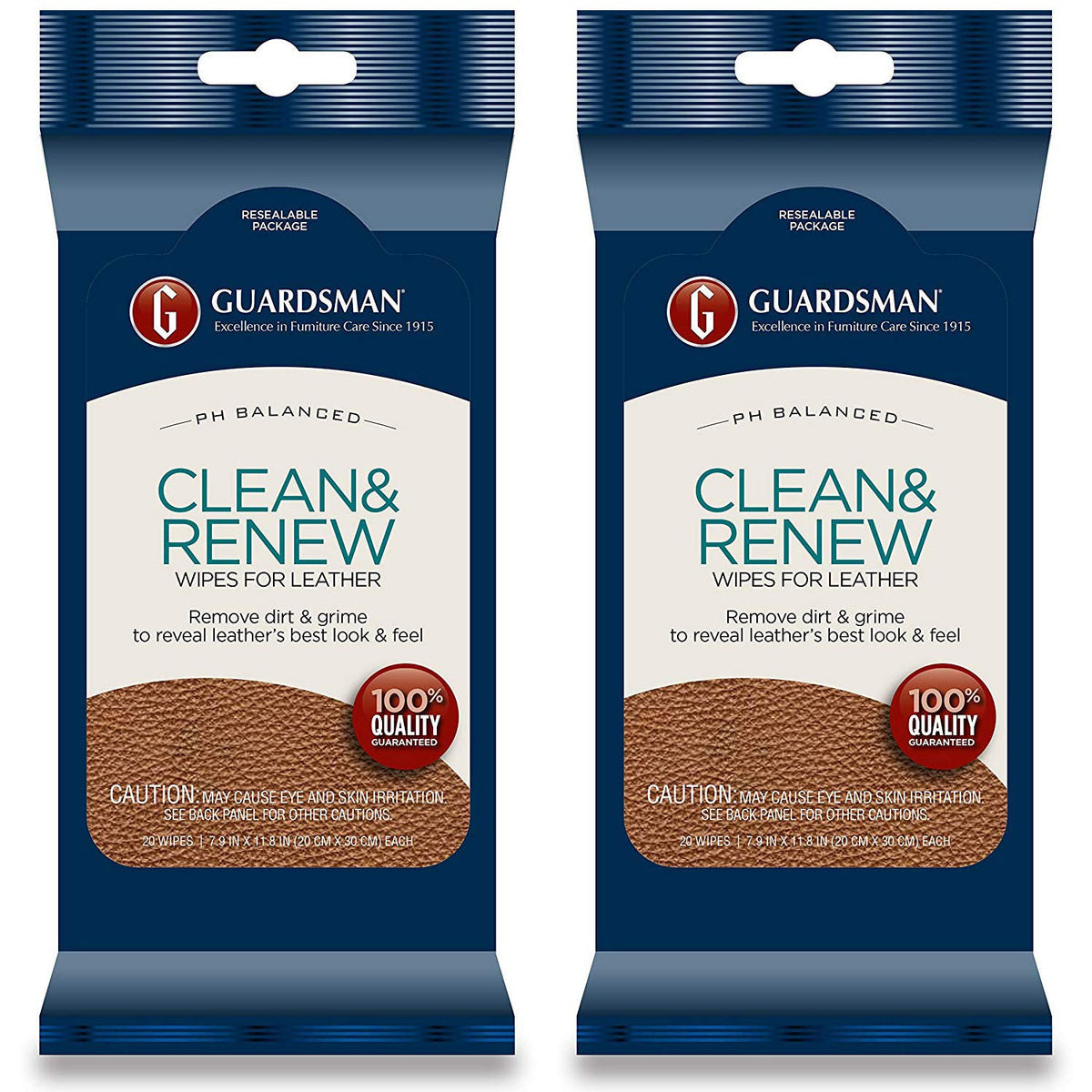 Guardsman Clean and Renew Leather Wipes on a shelf tray restore leather shine.