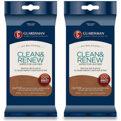 Guardsman Clean and Renew Leather Wipes on a shelf tray restore leather shine.