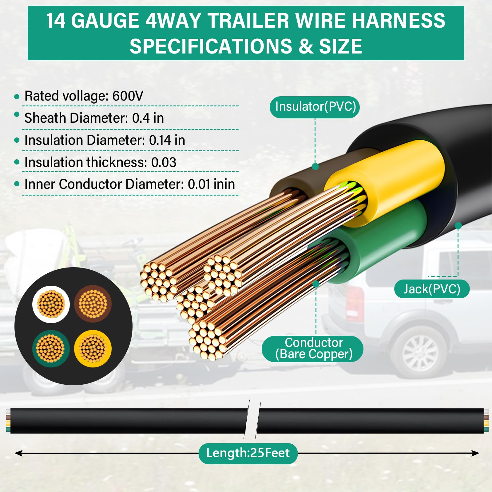 Gubrdfrsod pure copper 4-wire trailer wire ensures reliable conductivity