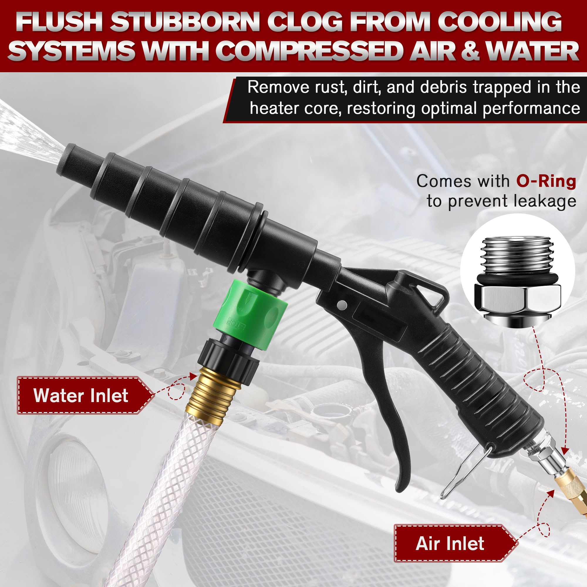 Gulfmew locking trigger provides steady flow during automotive flushing.