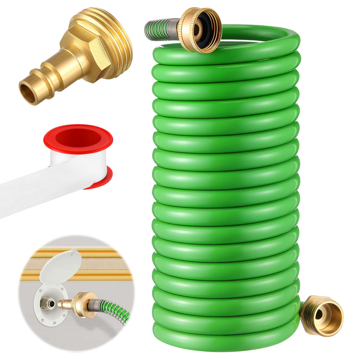 Gulfmew RV Exterior Shower Hose coil shows compact storage and 15 ft reach for campers