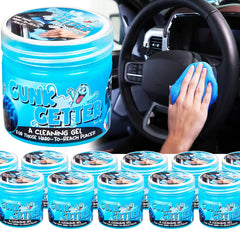 Gunk Getter 12-pack cleaning gel jar, blue, ideal for reaching cup holders and vents.