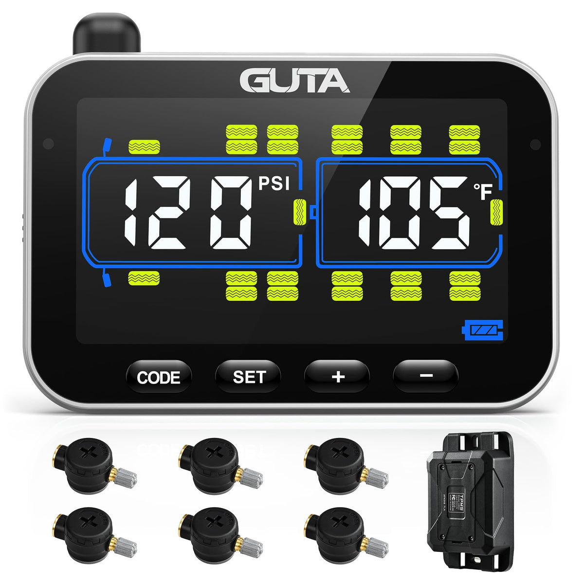 GUTA GT20 color LCD display showing tire pressure and temperature for safer travel.