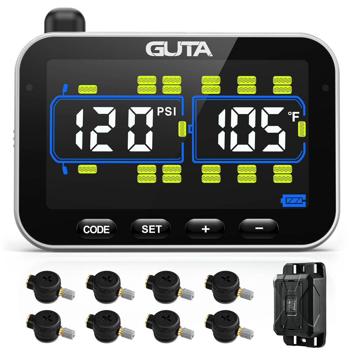 GUTA GT20 large color LCD display for clear tire pressure and temperature readings