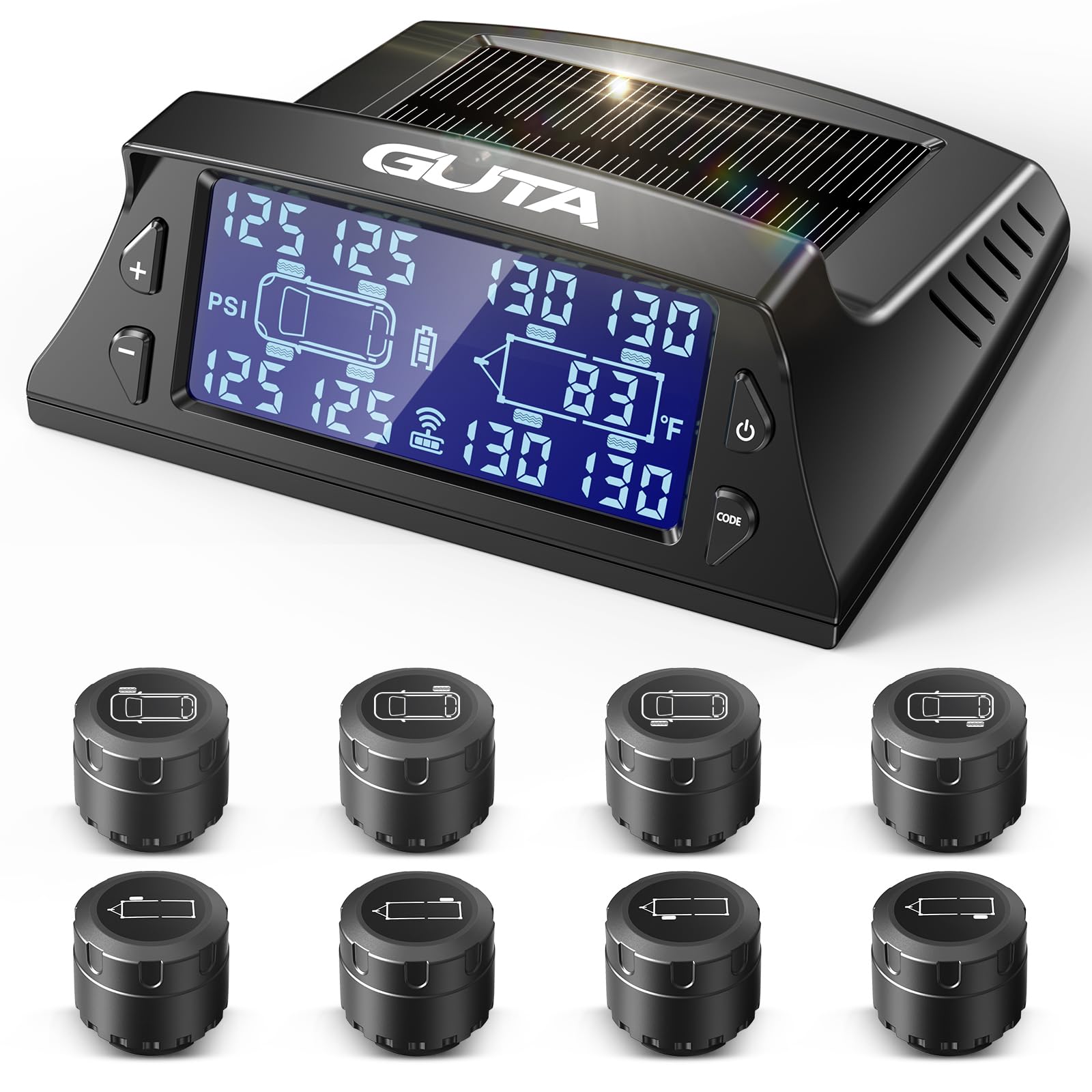 GUTA GT40 tire sensor on tire for real-time pressure readings.