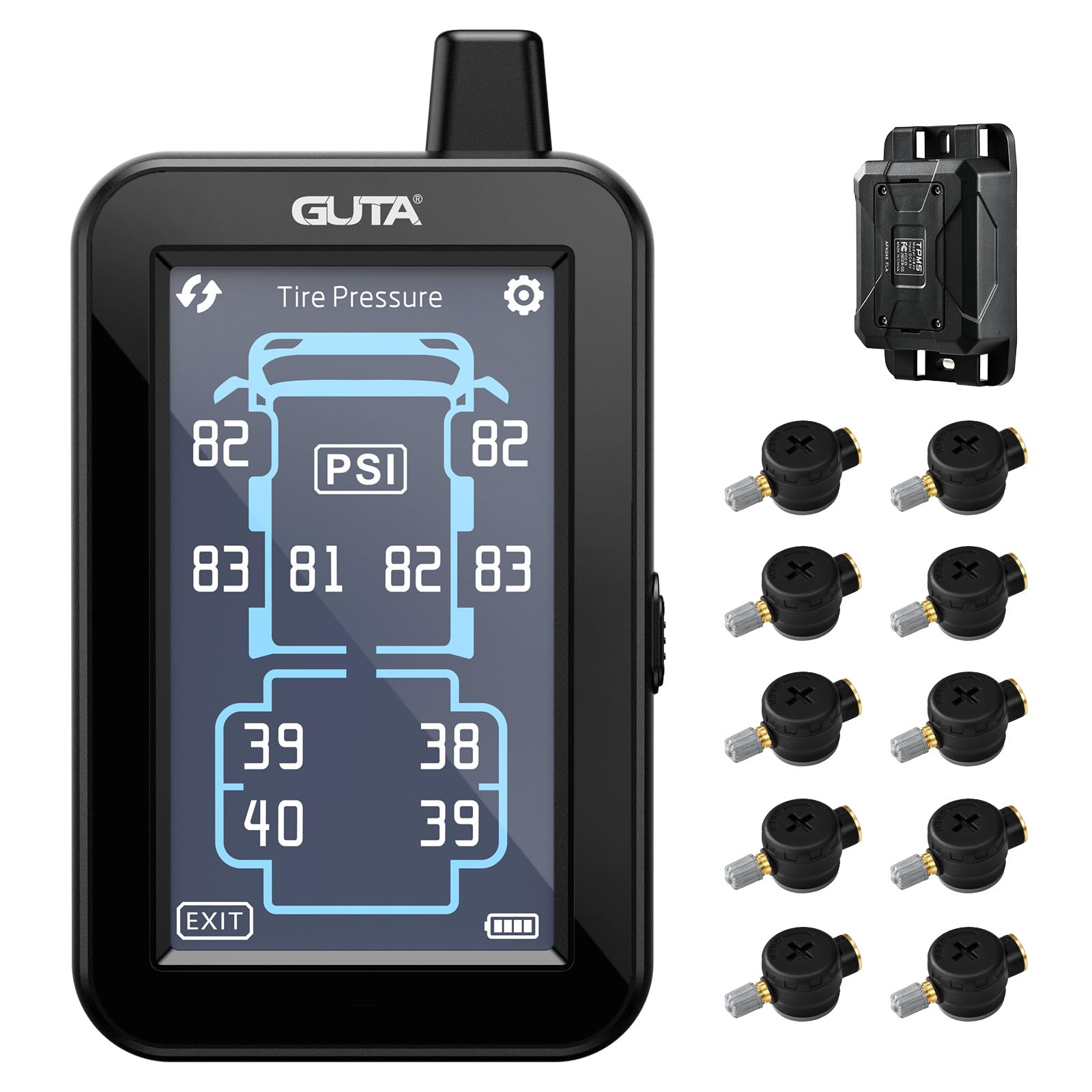 GUTA GT80 color touchscreen display shows real-time tire pressure and temperature.