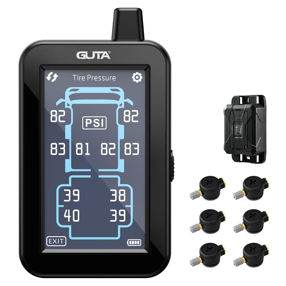 GUTA GT80 full-color touchscreen display showing real-time tire pressure and temperature.