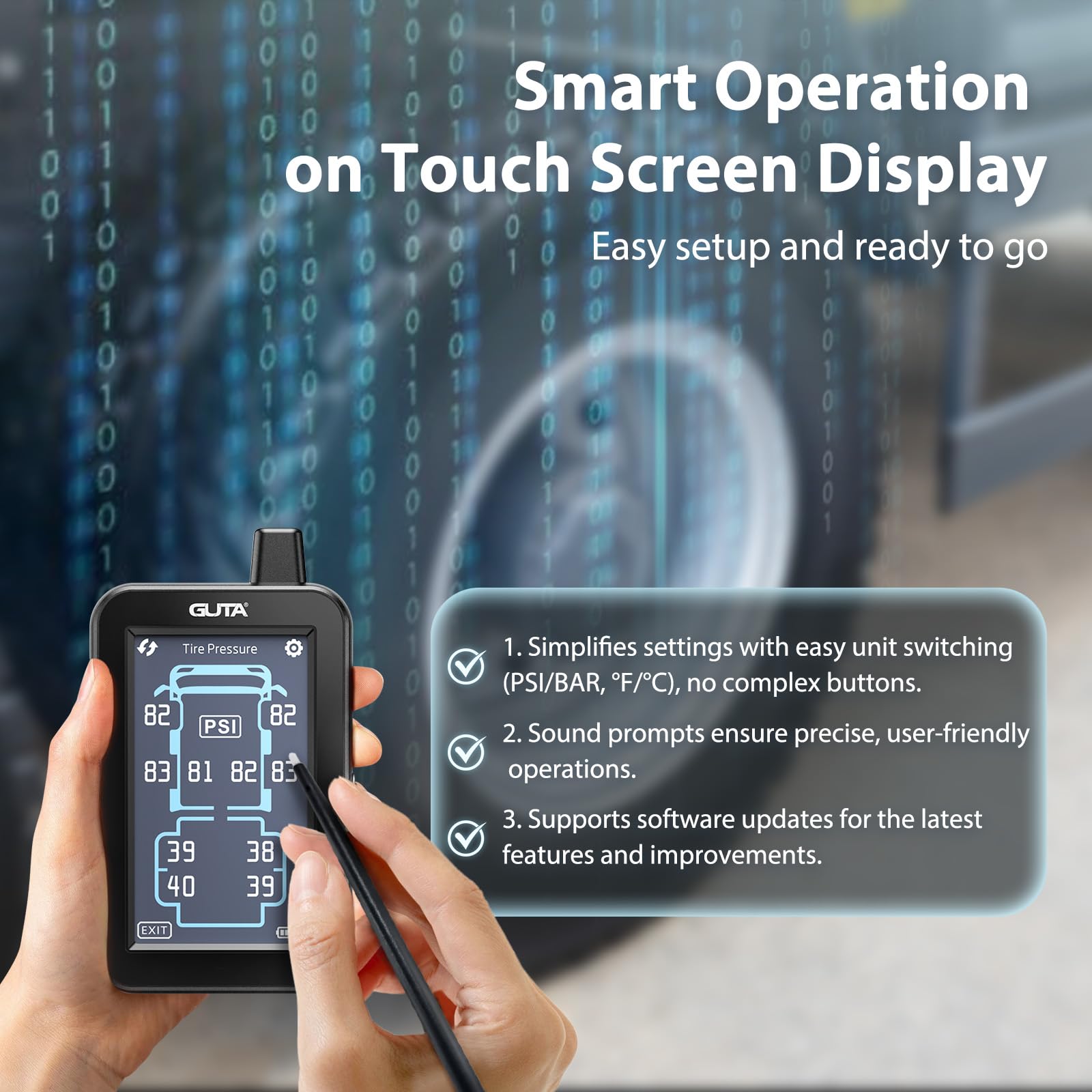 GUTA GT80 tire pressure readout on display during highway transit