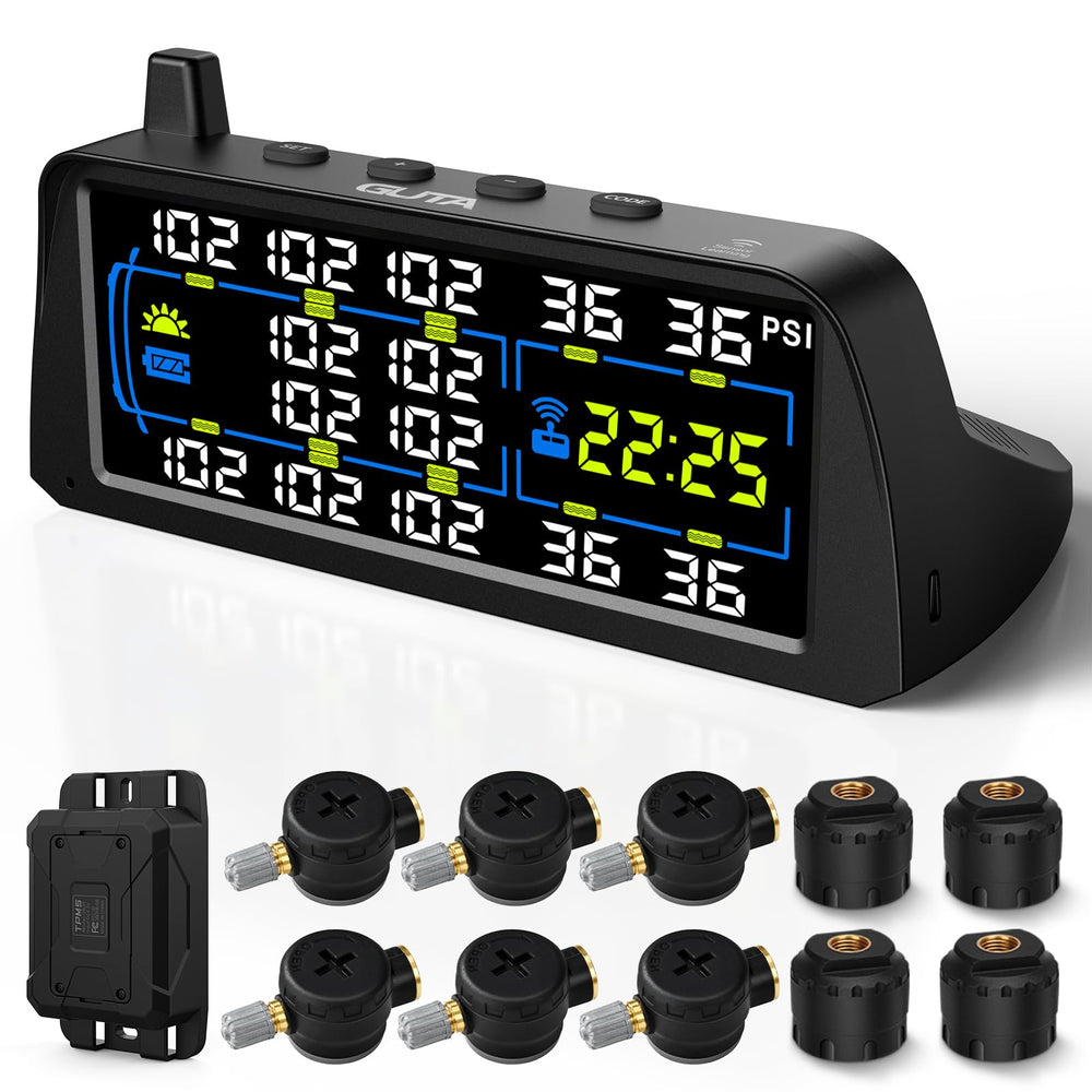 GUTA RV TPMS 7-inch LCD display showing real-time tire pressure and temperature for safer journeys