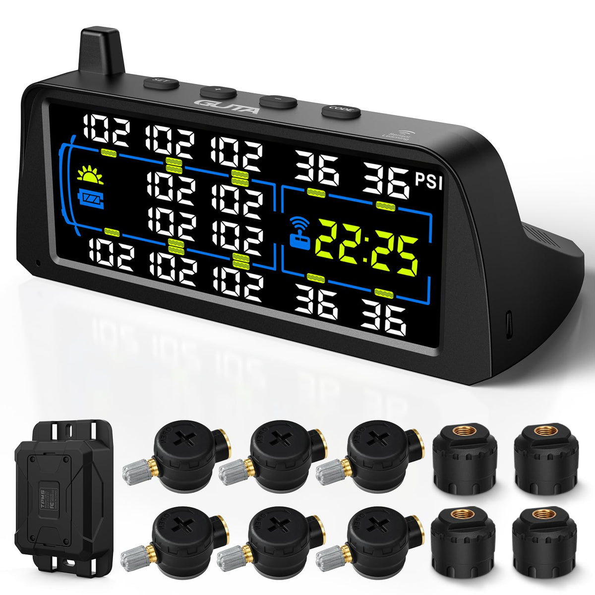 GUTA RV TPMS 7-inch LCD display showing real-time tire pressure and temperature for safer journeys